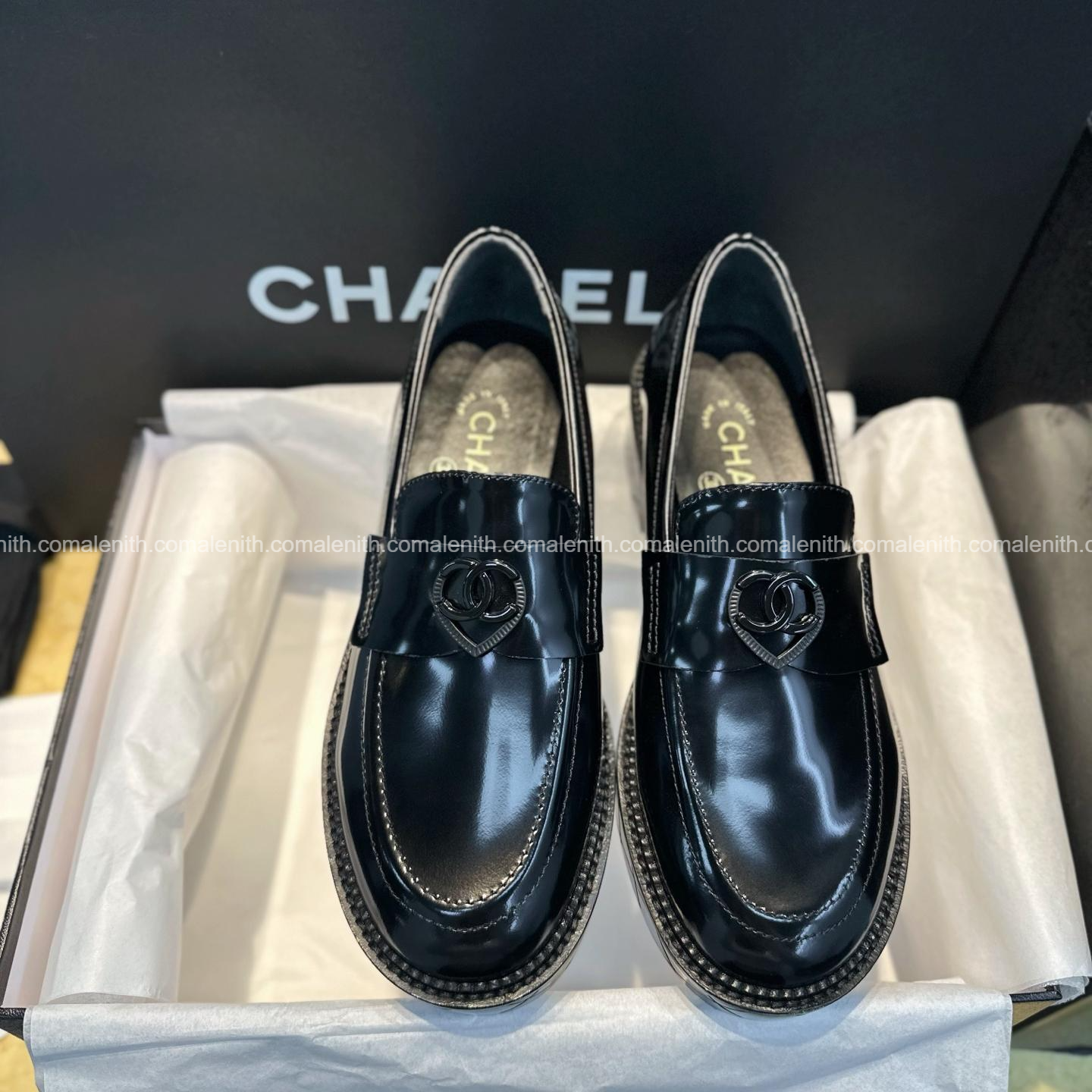 Chanel 24K Black Heart Platform Loafers